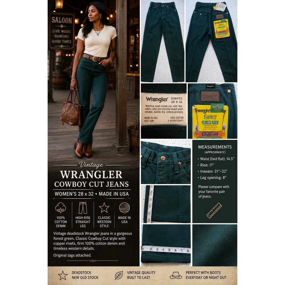 Vintage Wrangler Cowboy Cut Jeans Womens 28x32 Green High Rise Straight Leg USA
